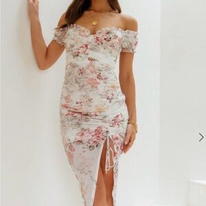 Hello Molly White Floral One-Shoulder Ruched Midi Dress